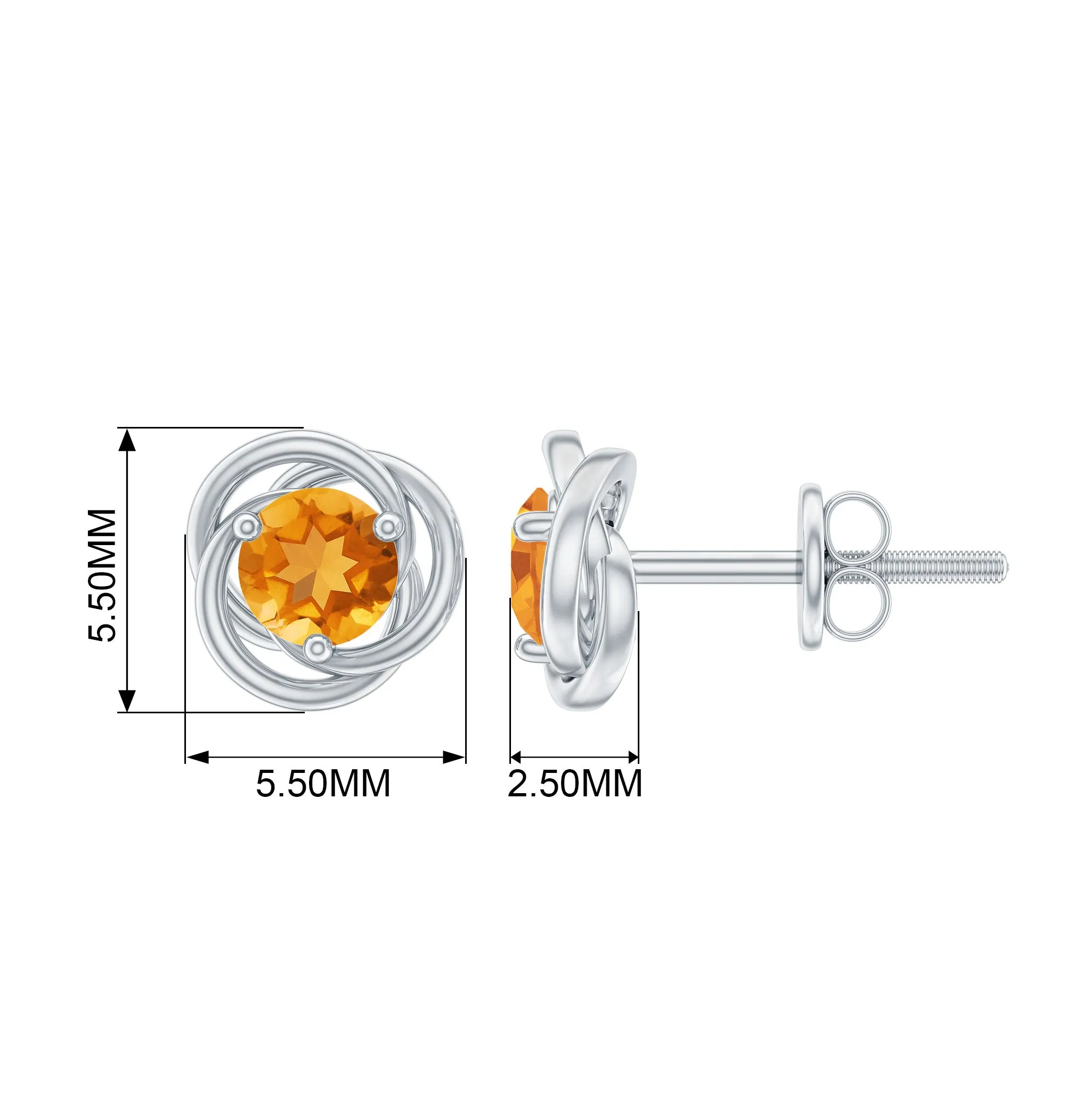 Solitaire Citrine Swirl Stud Earrings in 3 Prong Setting