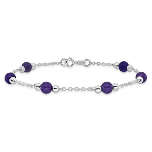 Sterling Silver 9inch Lavender Natural Jade Bead Anklet