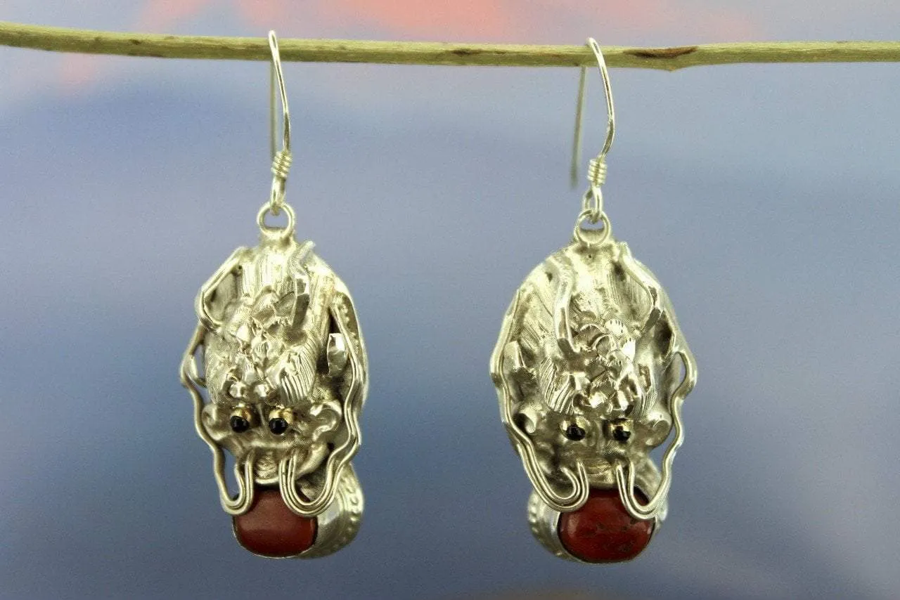 Sterling Silver and Coral Garuda Earrings