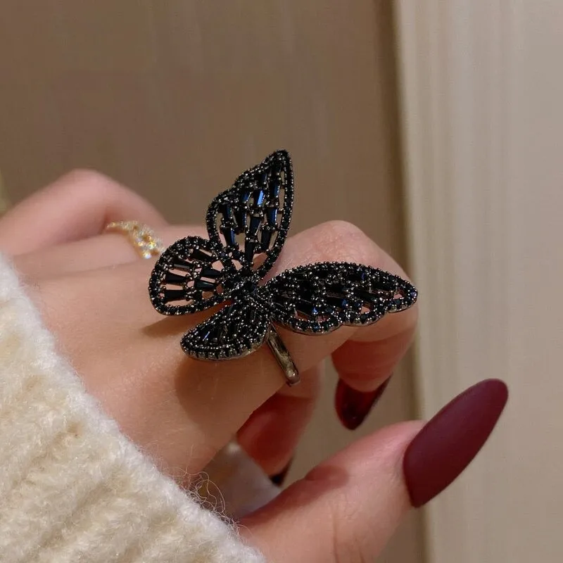 Whimsical Zircon Adorned Black Butterfly Rings
