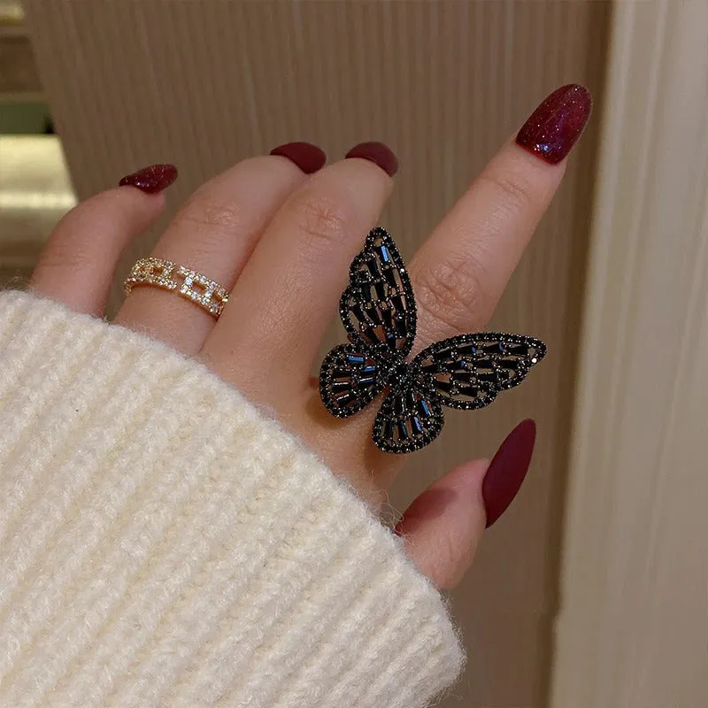 Whimsical Zircon Adorned Black Butterfly Rings