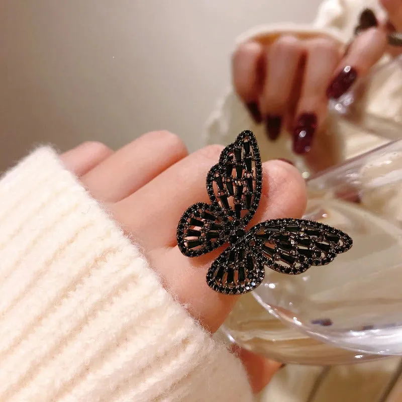 Whimsical Zircon Adorned Black Butterfly Rings
